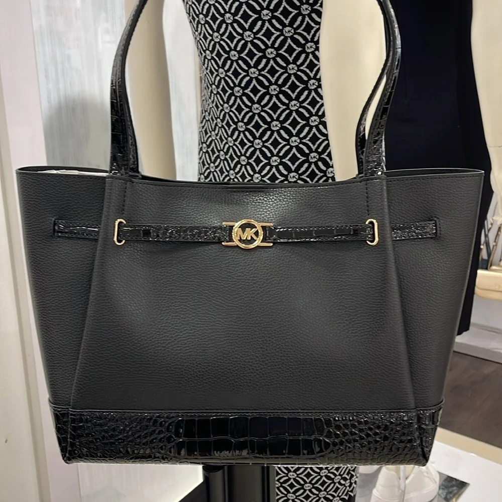 MICHAEL KORS Reed Lg Lthr Belted Satchel Shoulder Handbag  Black Crocodile  NWT